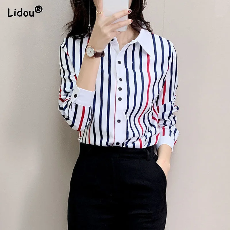 Fashion New 2023 Striped Long Sleeved Shirts Spring Summer Casual Thin Single Breasted Button Blouses Turn-down Collar Clothes