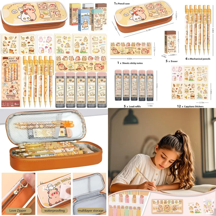 

Cute Kawaii Capybara School Supplies Set for Students and Office Use Includes Mechanical Pencils with Lead Refills Erasers Capy
