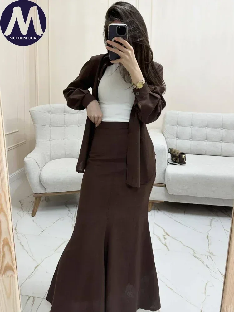 Women's Long Sleeve Lapel Collar Shirt Suits Fashionable Slim Fit Office Long Skirt Set Casual Spring Summer New 2 Pcs