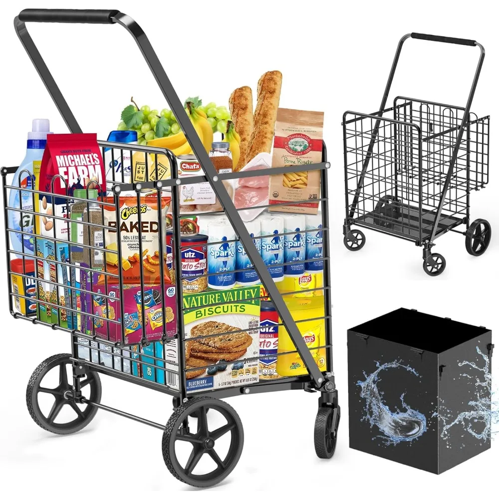 

Large Heavy Duty Grocery Cart on Wheels, Folding Dual Basket Utility Carts with Waterproof Liner, Shopping Carts for Transport