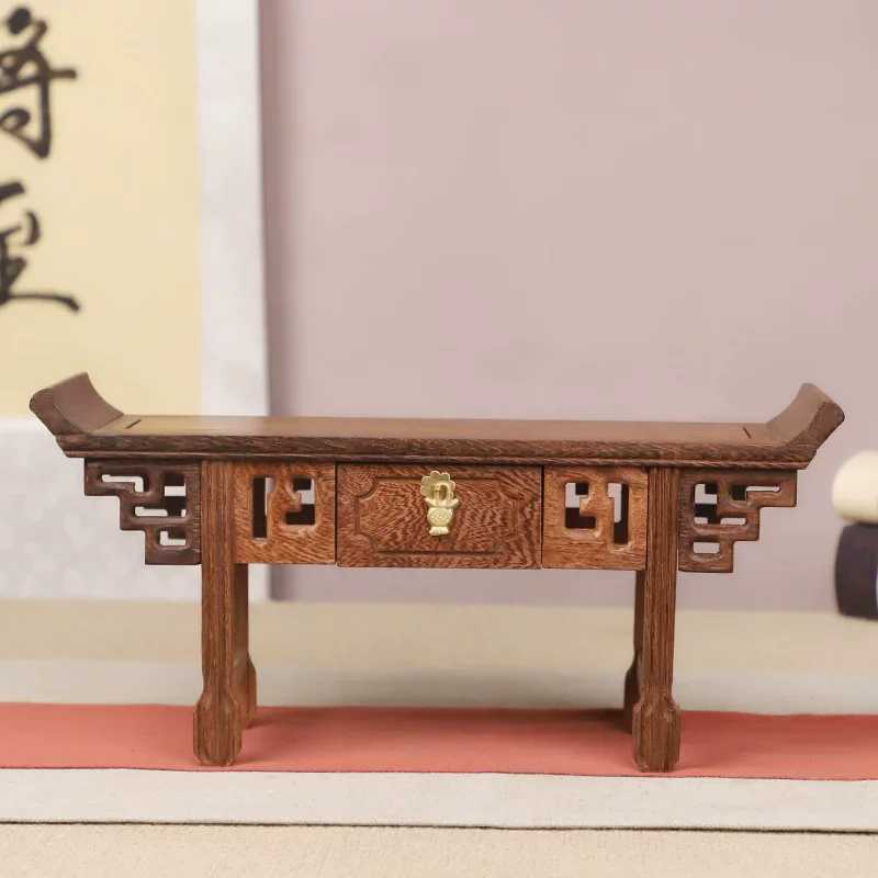 Miniature Tip-Headed Table, Chicken-Wing Wood Long Stand for Buddha Altar, Solid Wood Recessed-Leg Offering Base, Home Shrine De
