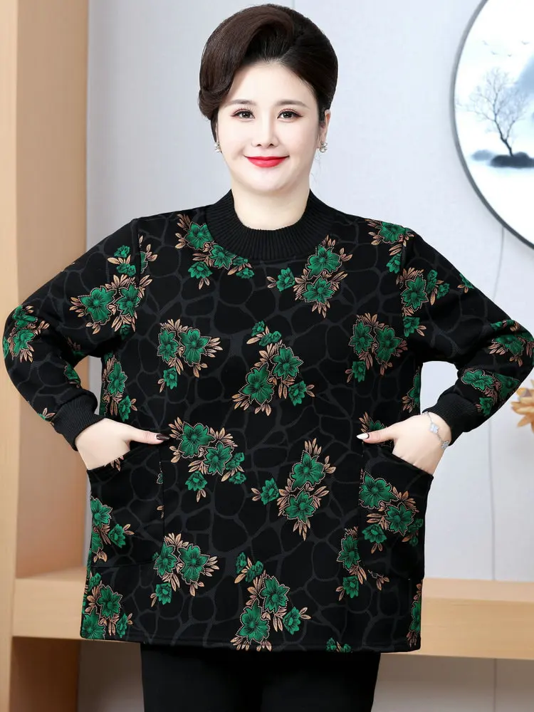 plus Size Women\'s Thickened Fleece Lined T-Shirt Warm Base Layer Shirt Autumn Winter Fashionable Loose Fit Breathable Garment