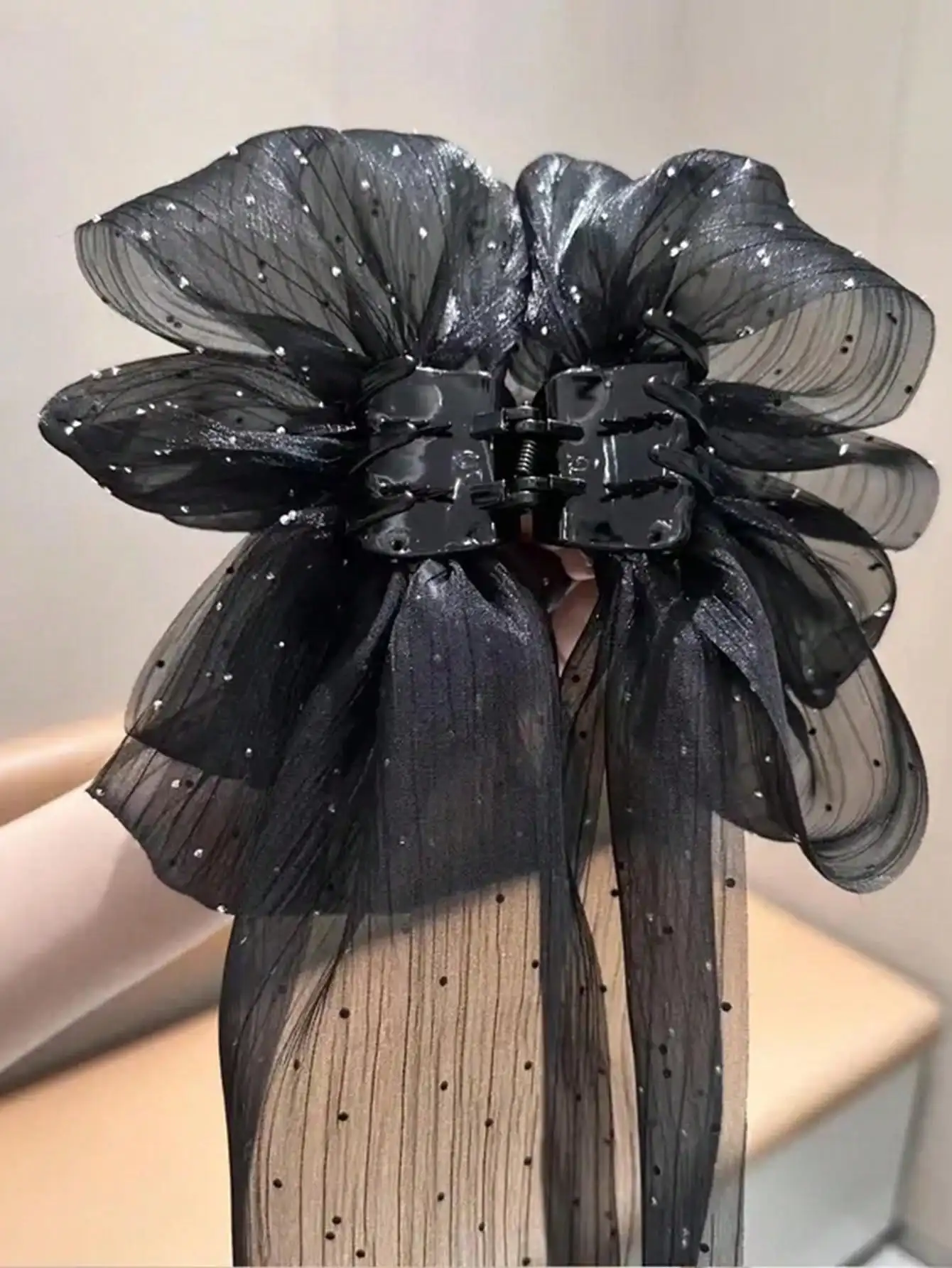 Black multi-layer long bow ribbon hair clip elegant and casual for the back of the head dress suitable for daily use