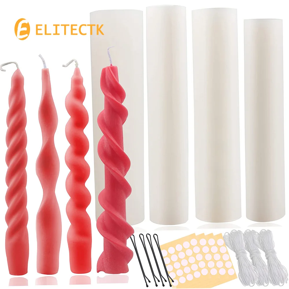 

4 Pieces Spiral Taper Silicone Candle Molds Creative Rotating Twisted Pillar Candle Mold Wick and Wick Stickers Wick Clips