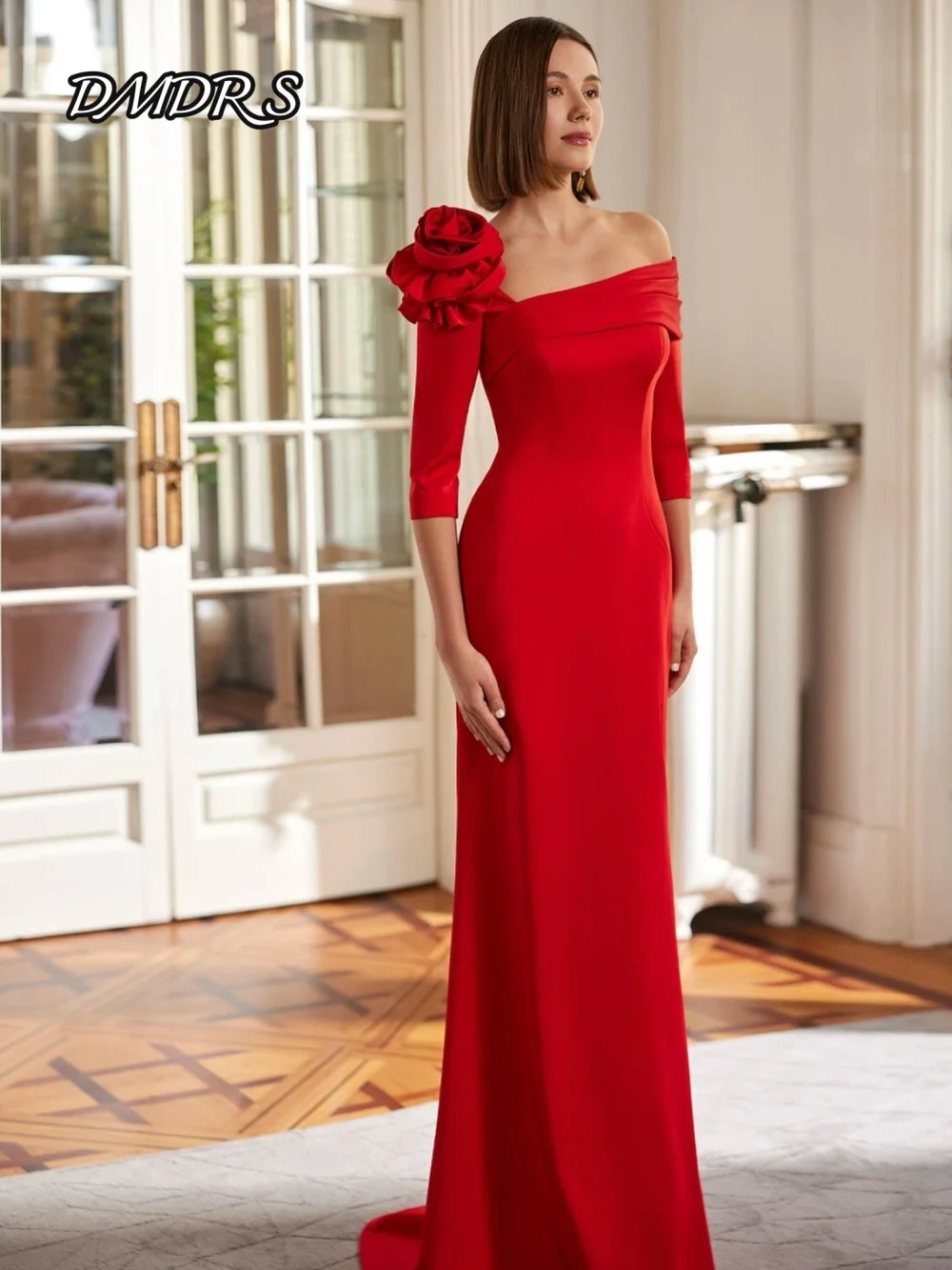 

Elegant 3D Flower Evening Dress Charming Satin A-line Party Gown Classic Off-shoulder Floor-Length Party Dresses فساتين سهرة