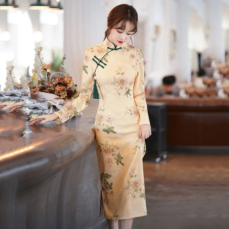 

Spring New Yellow Dress Women Chinese Elegant Retro Traditional Dress Qipao Printing Cheongsam Long Qi Pao Dresses oversize 5XL