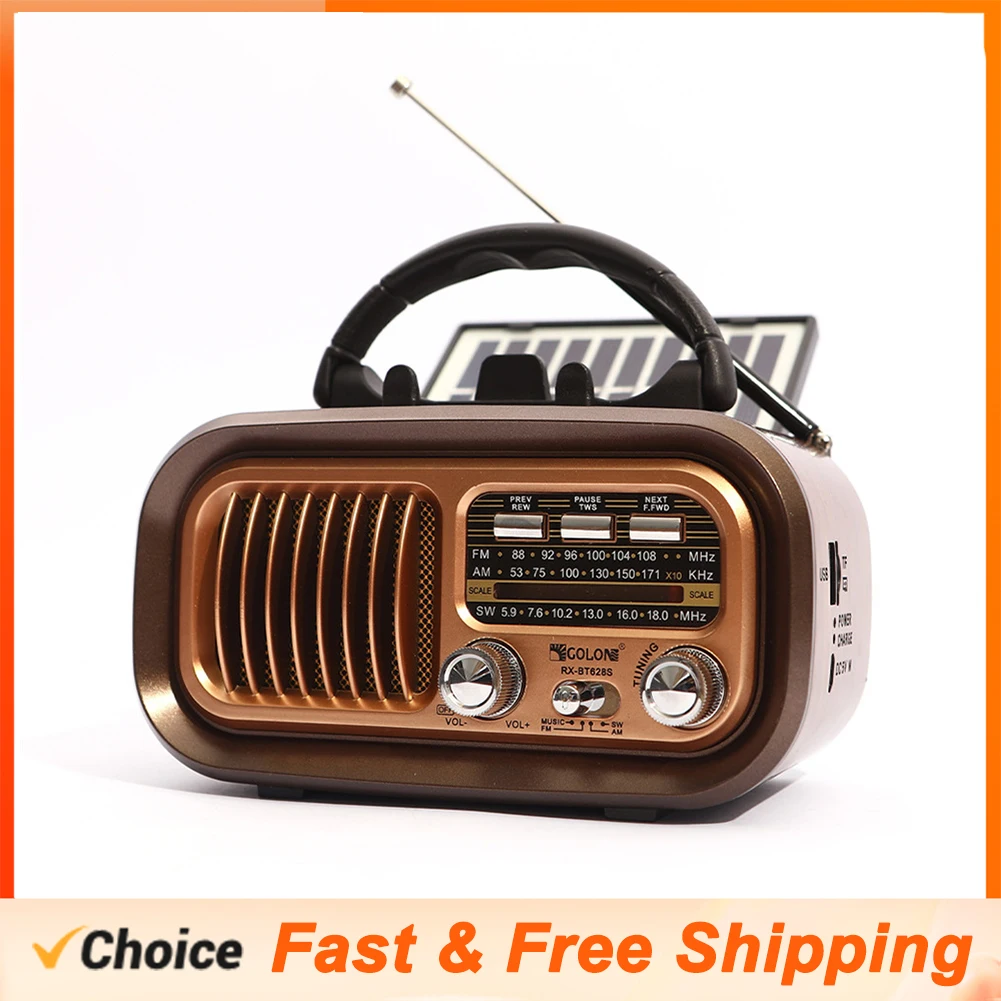 RX-628BTS AM FM Radio Operated By USB Cable/Solar Panels Rechargeable Excellent Reception Portable Multi-function Retro Speaker