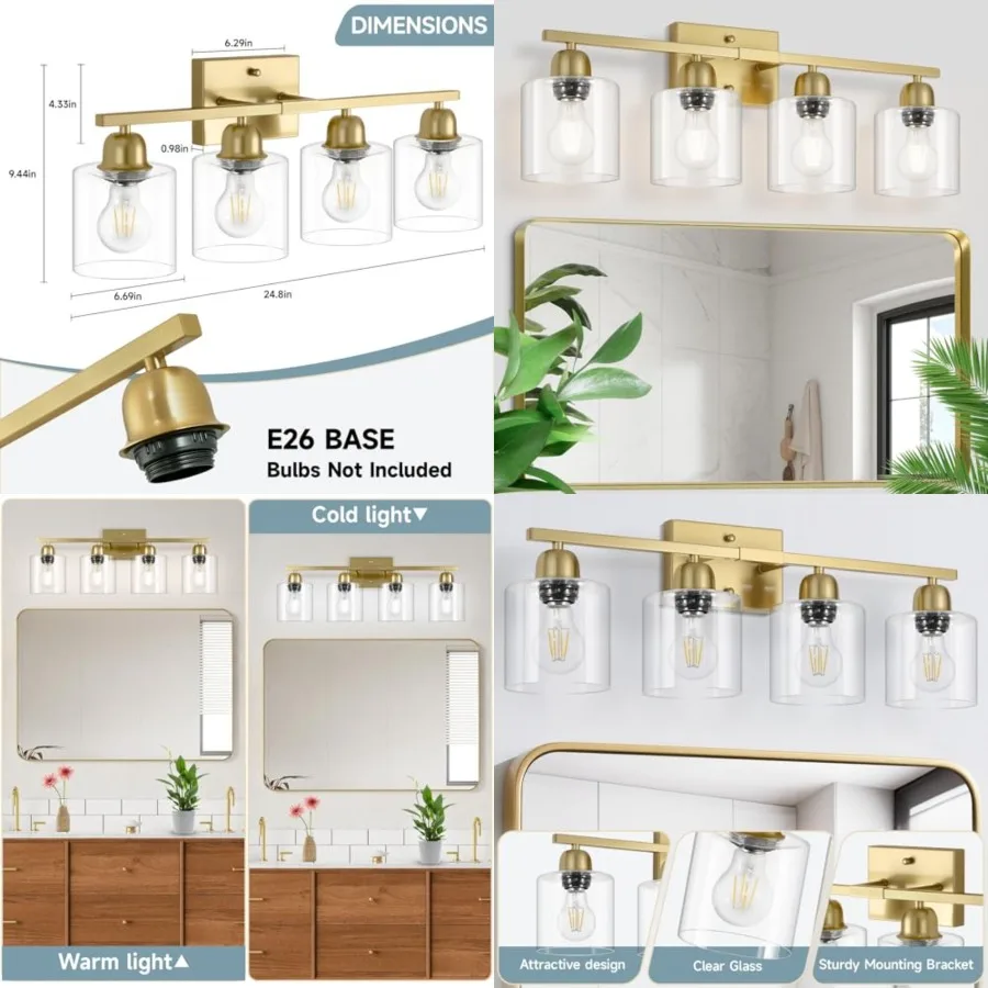 

Modern Brushed 4 Light Bathroom Light Fixtures, 24 inch Vanity Lights for Bathroom with Clear Glass, Bathroom Vanity Light for