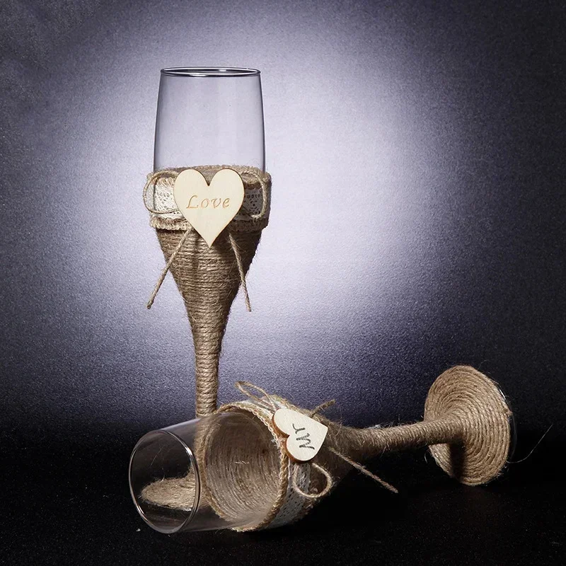 2Pcs Set Wedding Glass Personalized Wedding Champagne Toasting Flutes Burlap Lace Rustic Flutes Wine Cup Wine Creative Wine Cup