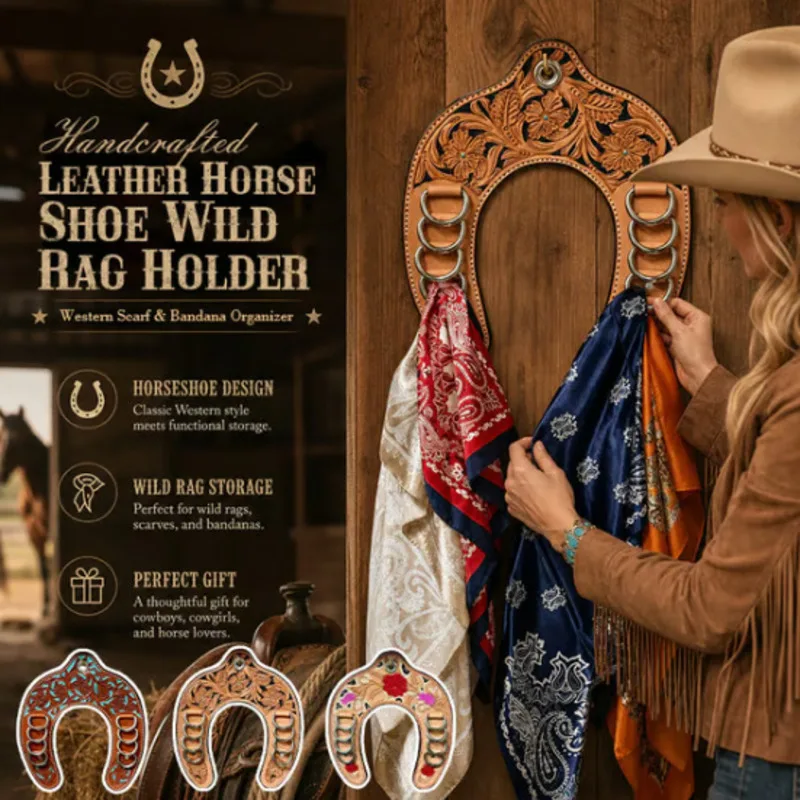 Leather Horseshoe Wild Rag Holder, Handcrafted Scarf Bandana Organizer Western, Wall Storage Rack Cowboy Cowgirl, Gift
