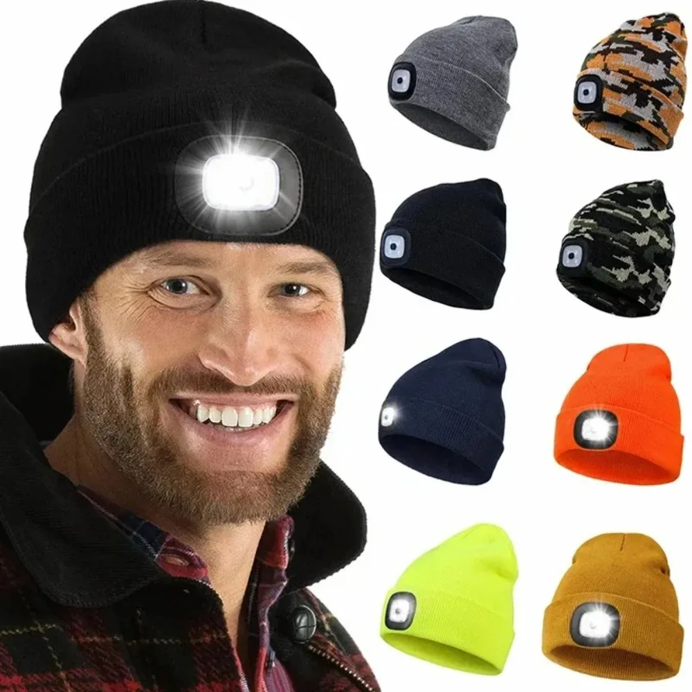 Winter-Strickmütze mit Nachtbeleuchtung und LED-Stirnlampe, 4 LED-Stirnlampe, 3 Arten von Lichthelligkeit, USB wiederaufladbar, abnehmbar, warm