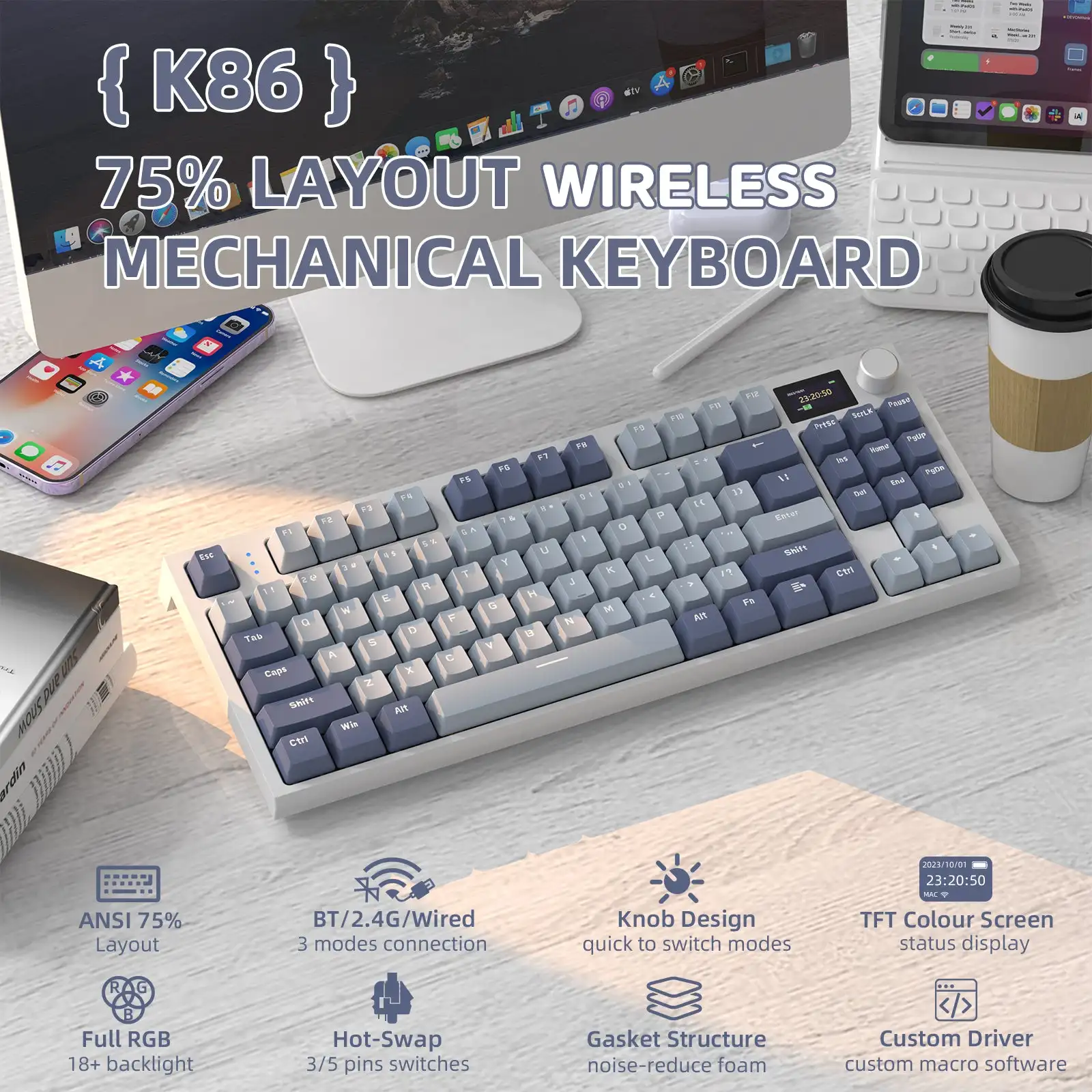ATTACK SHARK K86 Smart Screen Tri-Mode Wireless Mechanical Keyboard-75% Hot-Swap, RGB Gaming, Rechargeable Battery & Gasket