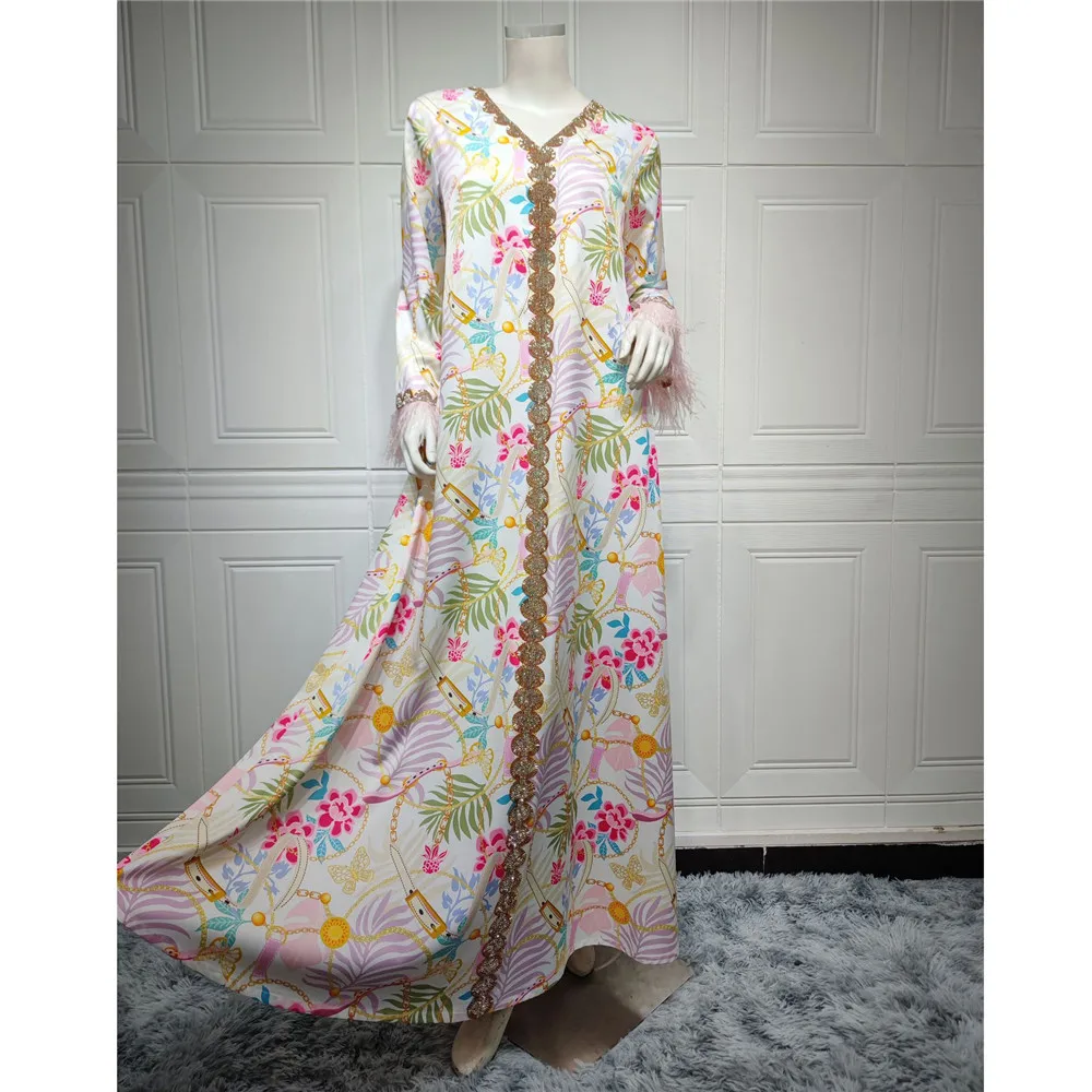 Eid Party Muslim Women Print Abaya Diamonds Feather Long Maxi Dress Turkey Dubai Kaftan Arab Islam Robe Morocco Caftan Jalabiya