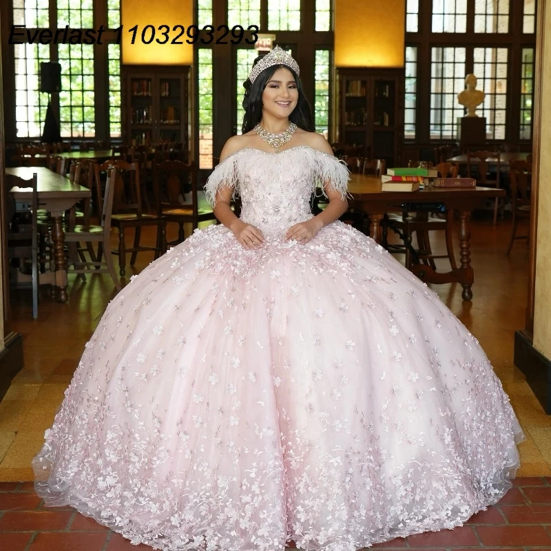 

EVLAST Shiny Pink Quinceanera Dress Ball Gown Floral Appliques Beading Off Shoulder Mexican Sweet 16 Vestido De 15 Anos TQD291