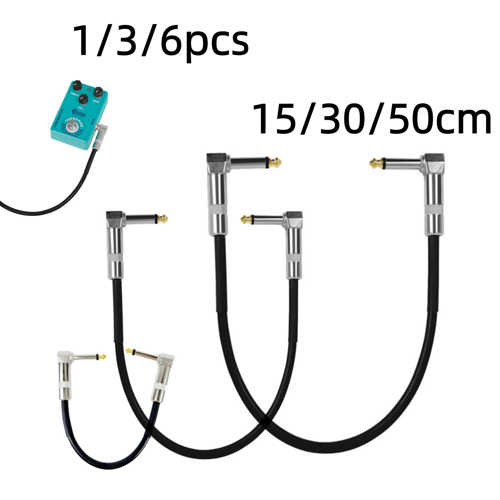 Miwayer Guitar Effects Patch Cable Black Silver Right Angle, 15/30/50cm 1/3/6pcs, 6.35mm Metal Head Low-Noise for Pedalboard