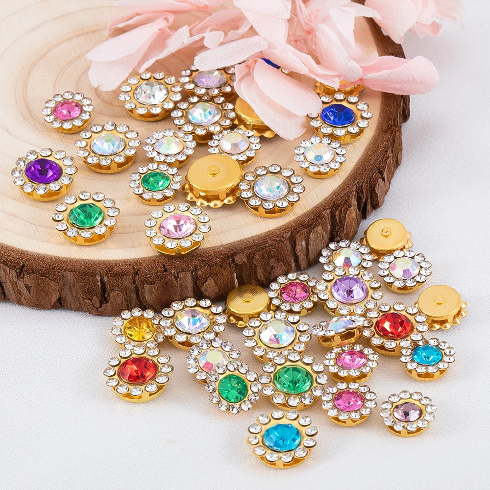 50pcs 9.4mm Sewn Sunflower Pearl Rhinestone Sewing Beads Golden Claw Base Cabochons for Needlework Bow Accessories DIY Material