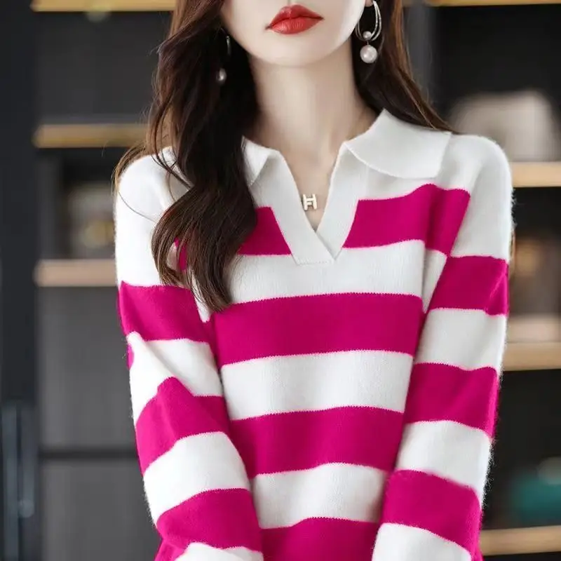 POLO Collar Fashion Striped Knitwear Sweater Autumn Winter New Loose Korean Version Pullover Temperament Base Shirt Top Woman