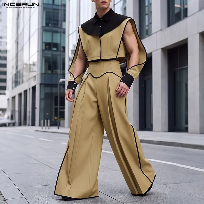 INCERUN INCERUN Men Sets Patchwork Color-block Split Long Sleeve Crop Jackets Wide Leg Pants Two Piece Sets Streetwear Men Matching Sets - Aliexpress Deal
