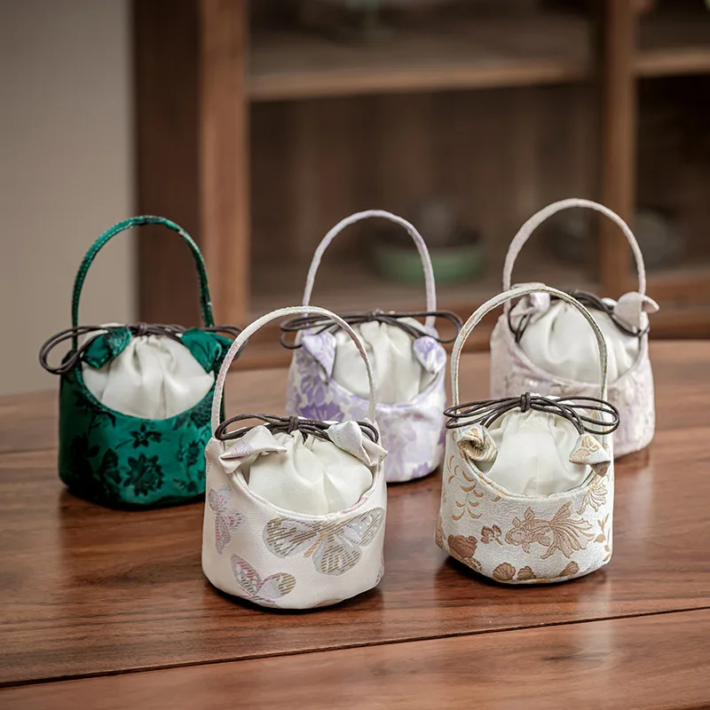 

Brocade Embroider Flower Tea Set Storage Bag Portable Travel Cloth Handle Bags Teaware Chinese Traditional Thickening Tea Cozies