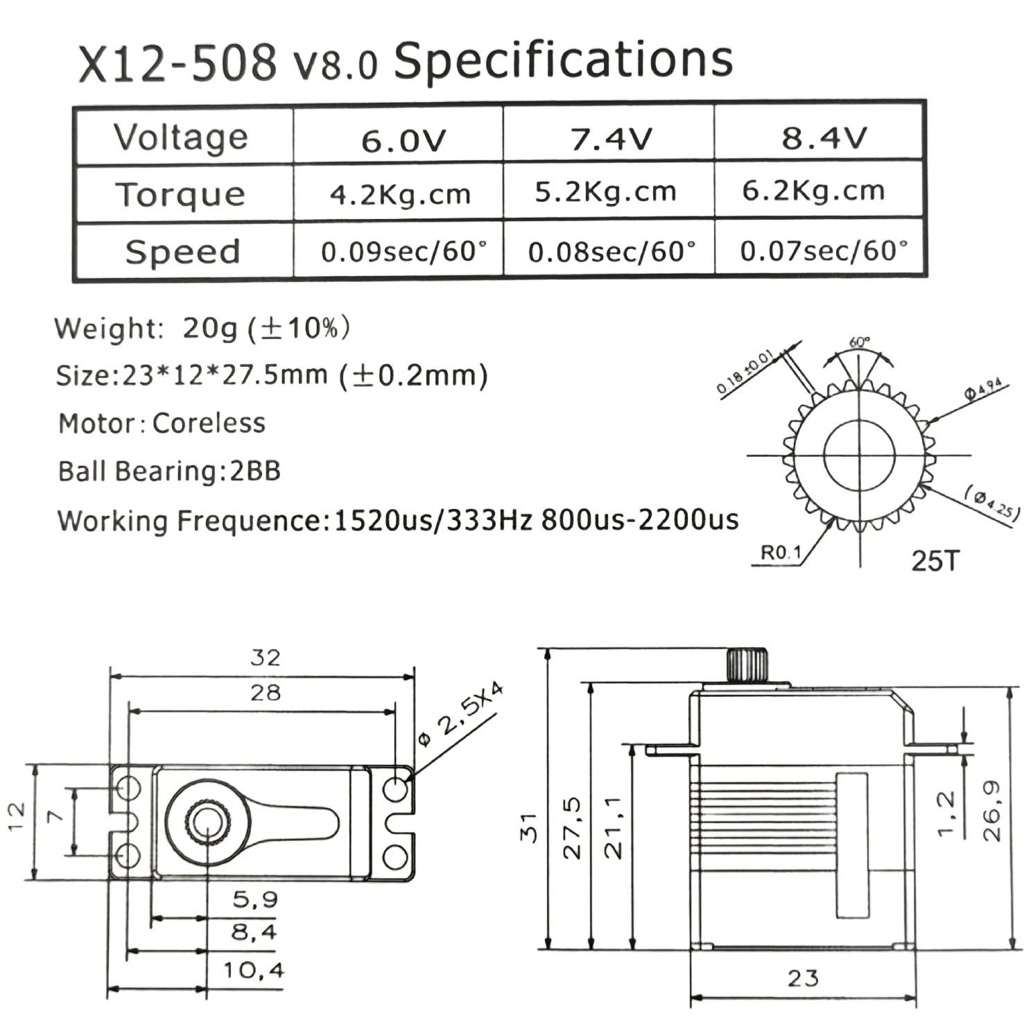 KST  X12-508 6.2Kgf.cm 0.07sec Metal Gear HV Micro Digital Servo for RC Helicopters