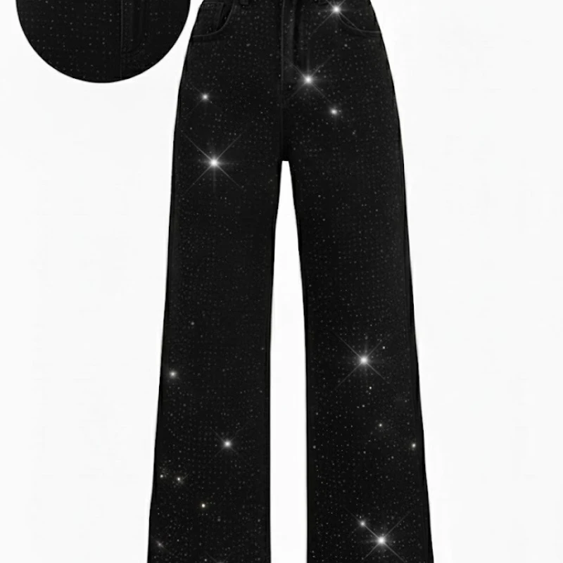 2025 Best Seller Women's Straight Leg Jeans | Stretch Denim with Beaded Embellishment, Comfort Casual Washed Jeans