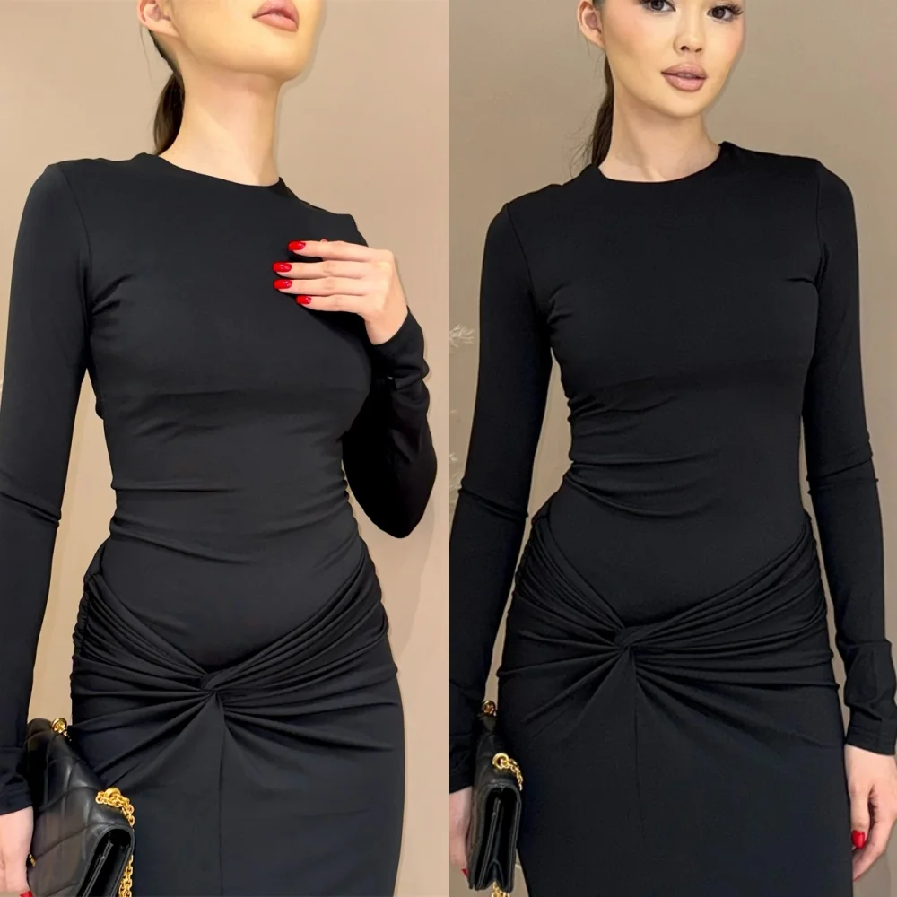 op maat gemaakte aangepaste zeemeermin klassieke zwarte jersey vestido de noche moderne ronde hals lange mouwen homecoming jurken vestido de