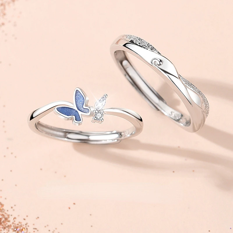 Trumium S999 Sterling Silver Wave Butterfly Couple Rings For Women Wen Romantic Jewelry Engagament Anniversary Gift