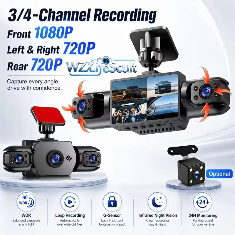 Complete 4-Channel Dash Cam | 1080P Front + 720P Left Right Rear, 3.6