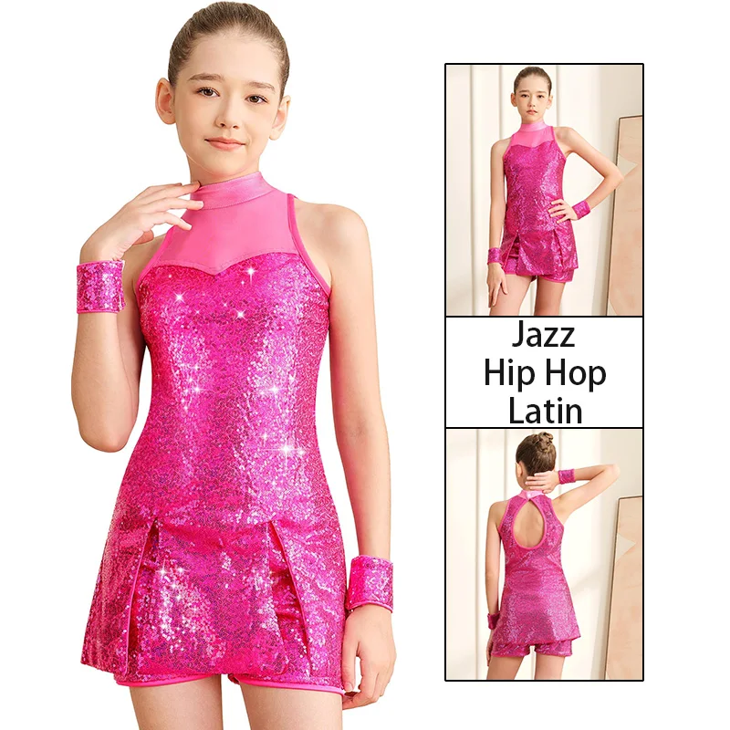 Mädchen Pailletten-Tanzkleid Funkelnde Kleidung für Kinder Ärmelloses Top und Shorts Jazz Hip Hop Latin Glänzender Anzug Outfit Kostüm – Detail 6