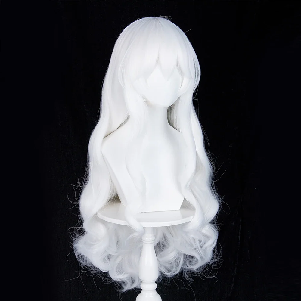 Daily Party White Long Wavy Anime Game Cosplay Synthetic Wigs with Bangs Fluffy Heat Resistant Wig