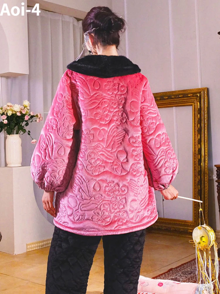 Large Size Thickened Quilted Pajamas Suit Women's 2024 Autumn Winter New Embroidered Bird 3-Layer Cotton 2-Piece Home Clothes