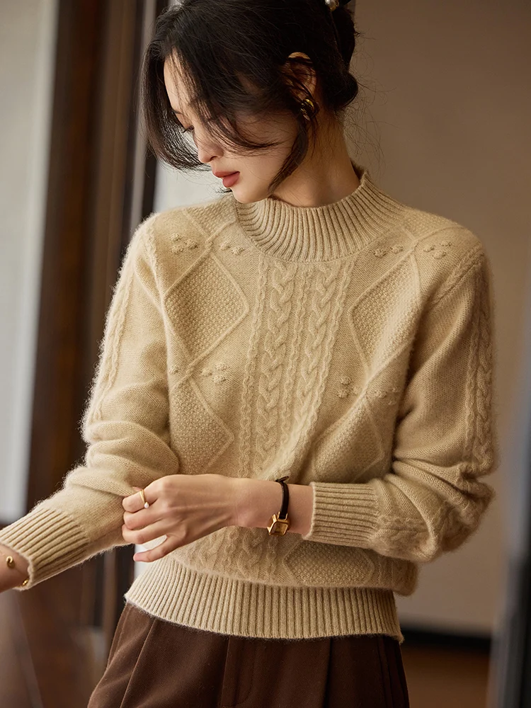 TLOML Nowa damska odzież dzianinowa ze 100% wełny merino, golf, dzianina w warkocze, jesień-zima, wygodna, miękka, kaszmirowa odzież dzianinowa, topy