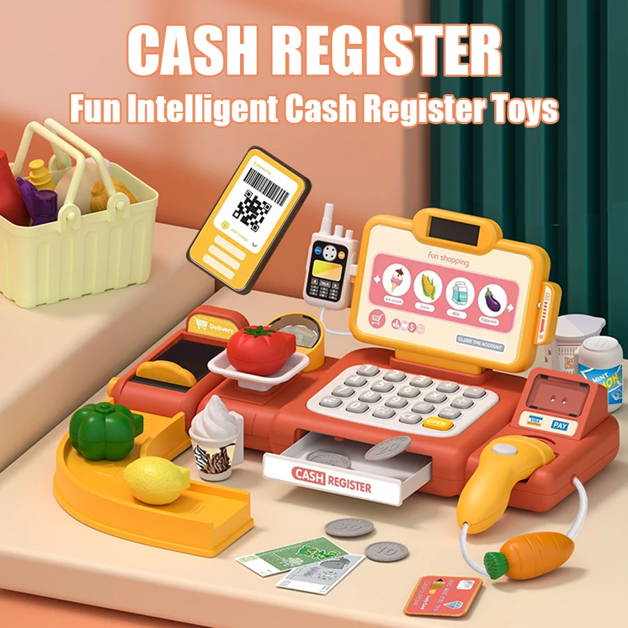 36pcs Kids Funny Supermarket Cash Register Speech Intelligent Recognition Pretend Checkout With Cash Register Role Playing Toys