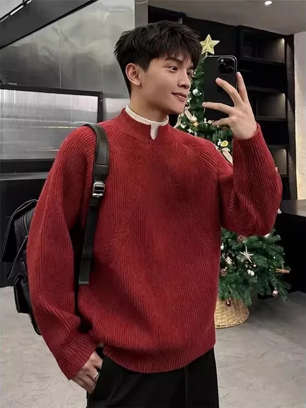 

Red Knitted Loose Long Sve Men's Sweater f High Collar Casual Versatile Winter Faion Comfortable Soft Fabric Lazy Sle