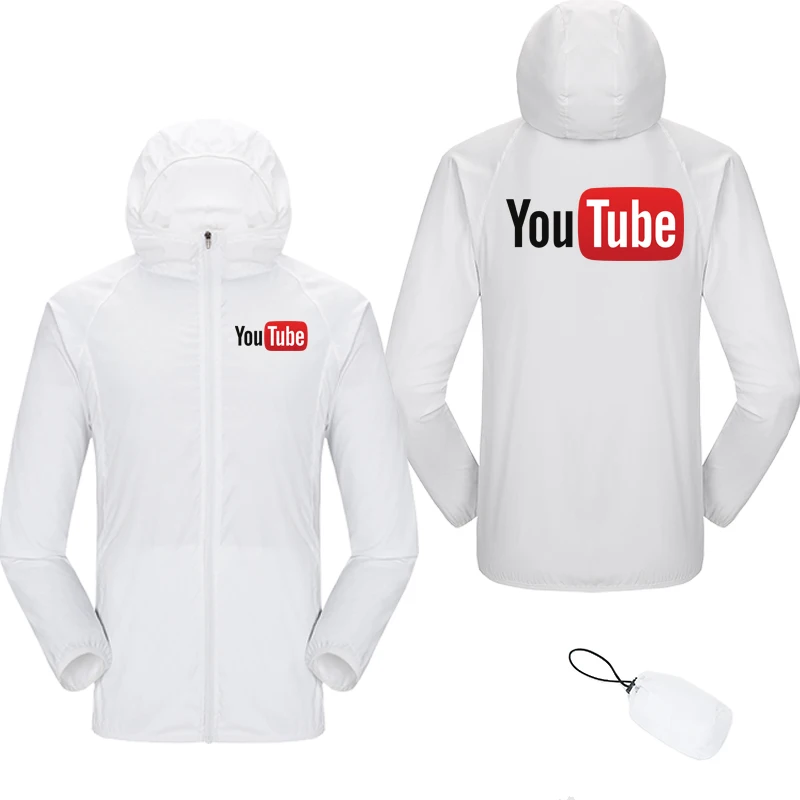 Chaqueta de protección solar impermeable para hombre y mujer, cortavientos con capucha y cremallera, ultraligera, ideal para ciclismo en la playa, Youtube