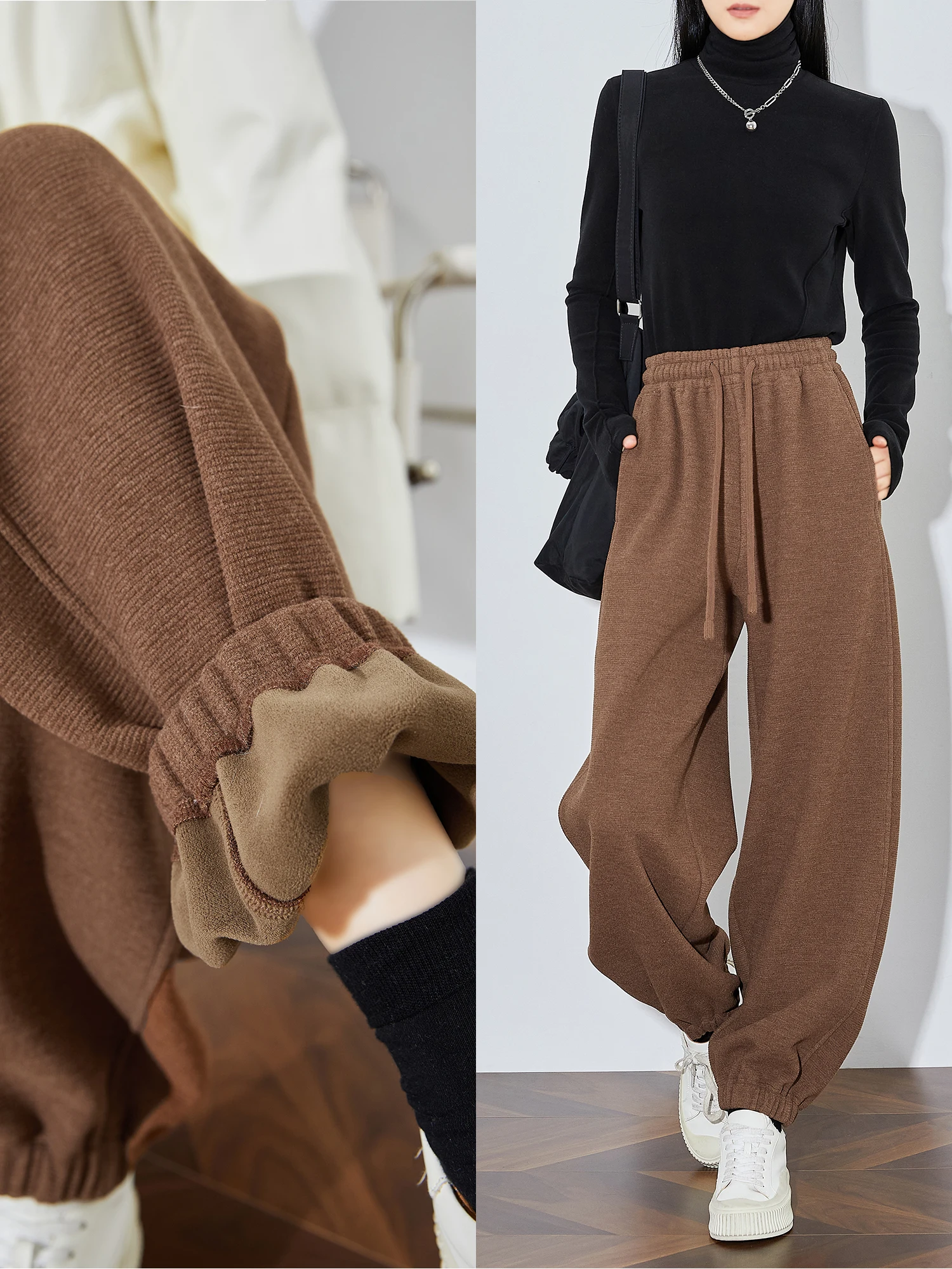 

Женские спортивные брюки цвета хаки с подкладкой, осенне-зимние, длинные, повседневные, с высокой талией, широкие штанины, в корейском стиле