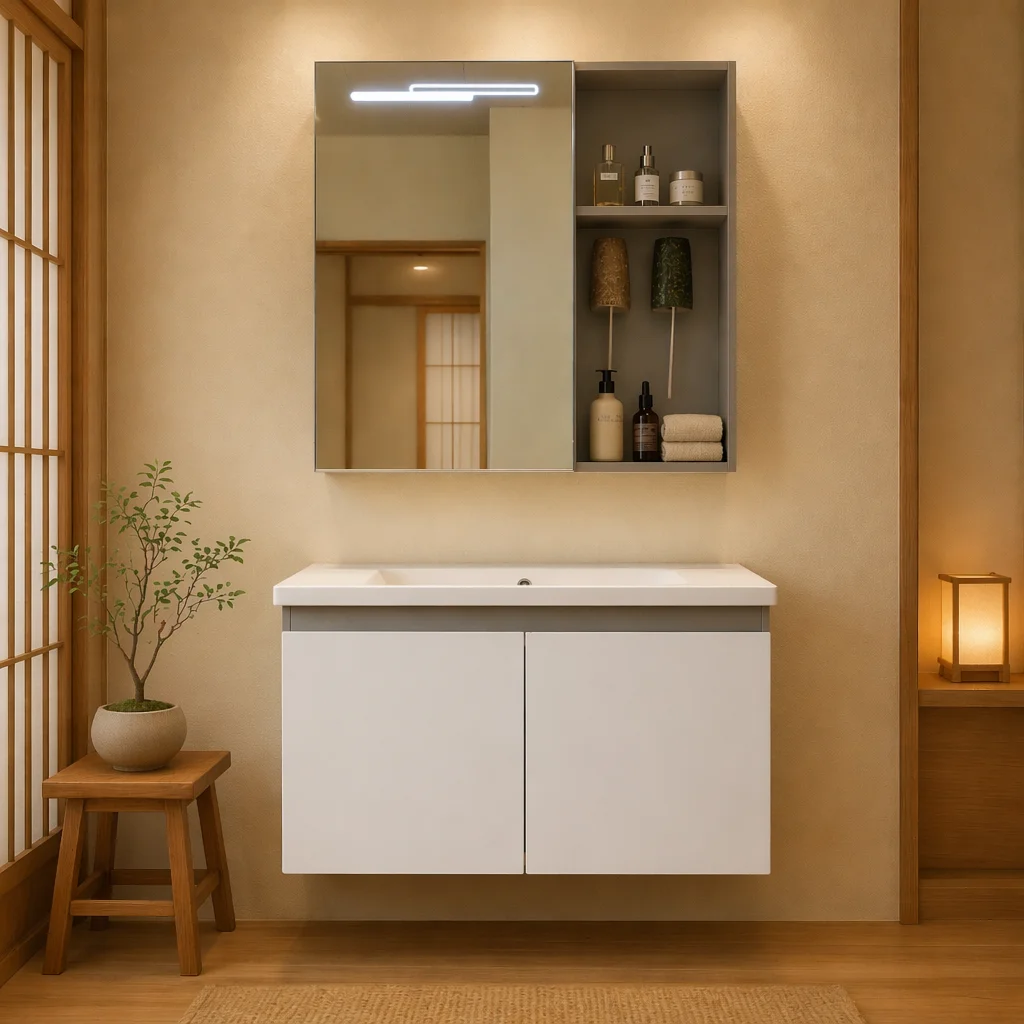 Modern Moisture-Proof Lighted Mirror Wall-Mounted Ceramic Basin Vanity Combo With Easy Clean Feature Bathroom Vanities