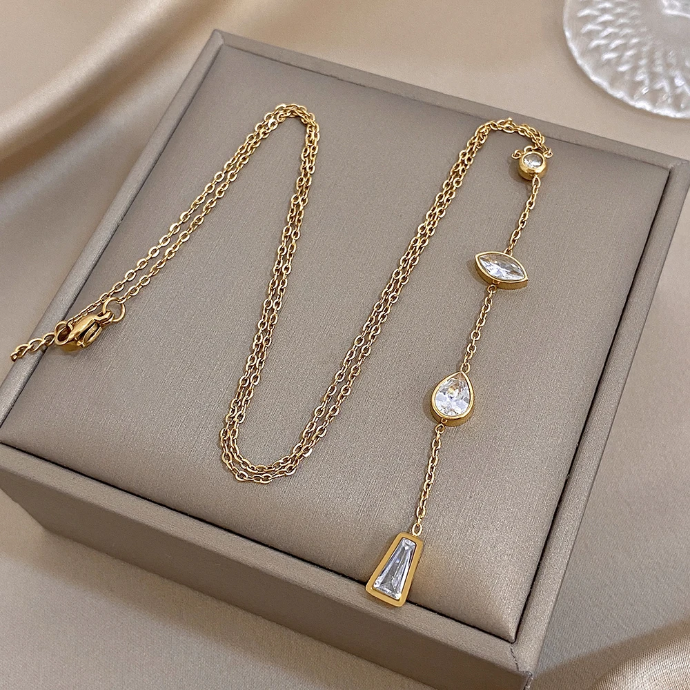 1 Stück AENSOA Damen Edelstahl Halskette Zierliche Geometrische Zirkon Anhänger Halskette Klassischer Romantischer Party Schmuck Geschenk – Detail 5