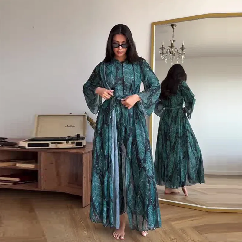 

Women Vacation Beach Swimsuit Boho Long Sleeve Loose Robe Slim Corset Bodysuit Slit Pants 3 Piece Set Beach Wear Holiday Outfits
