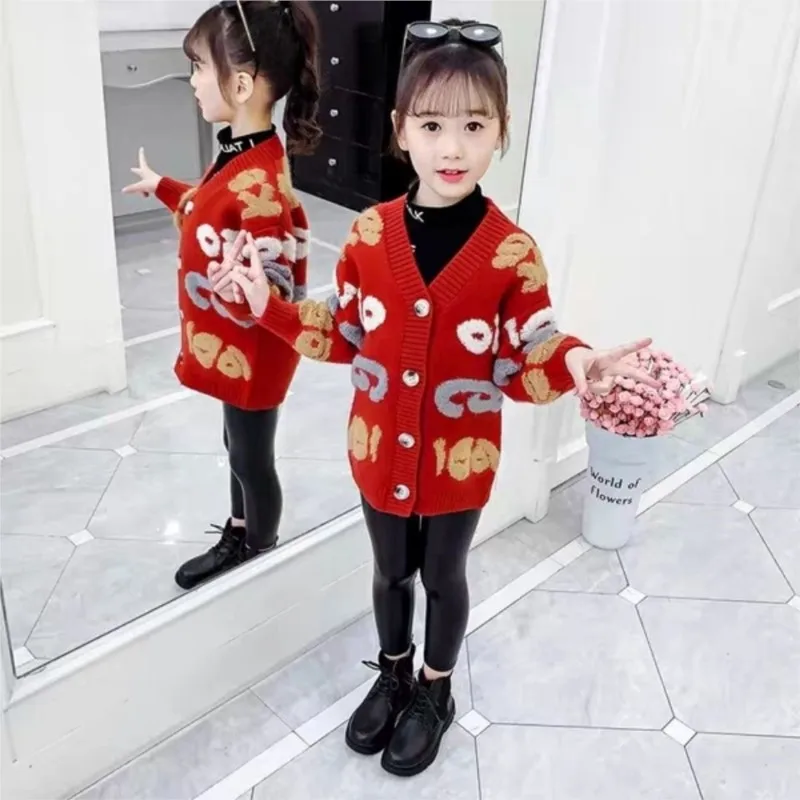 2024 Girl Baby Cartoon Printed Sweater Cardigan Coat Girls Kids Sweaters Jacket Children winter Coats Clothes