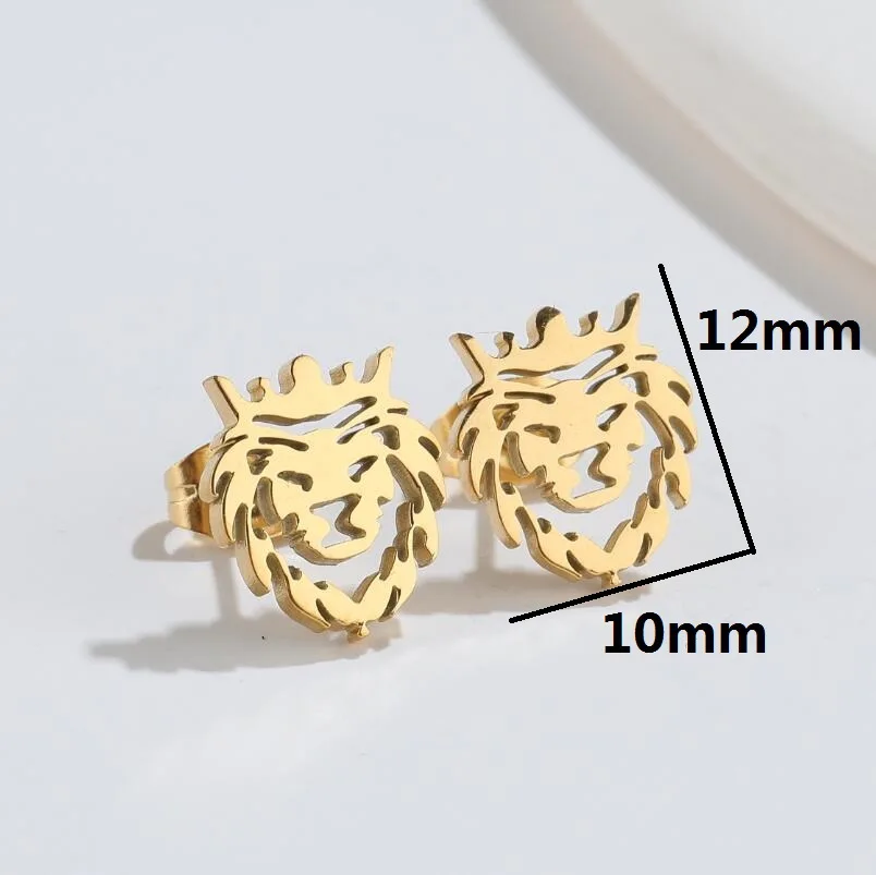 Fashion Personality Stainless Steel Hollow Crown Lion Animal Stud Earrings for Men Women Punk Charms Hypoallergenic Jewelry