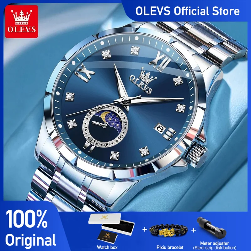 

OLEVS 2956 Мужские часы Деловые оригинальные кварцевые часы с большим циферблатом Водонепроницаемые светящиеся автоматические часы с датой и фазой Луны для мужчин