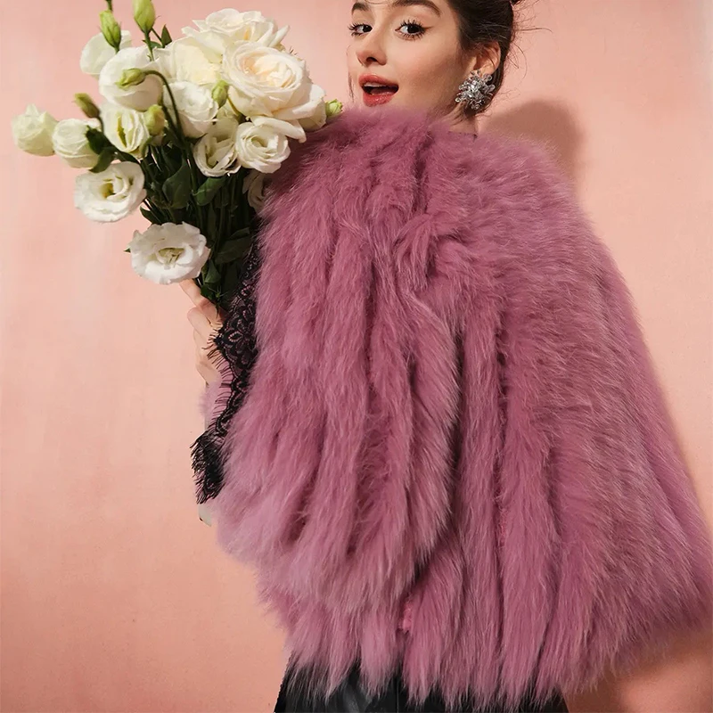 New Arrival Women Thick Purple Real Fox Fur Strip Sewed Toghter Loose Winter Short Pink Real Fox Fur Overcoat