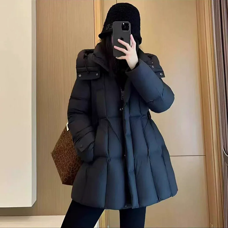 White Duck Down Jacket Women's Mid Length 2025 Winter New Style Fashionable High Top Hooded Thick Coat