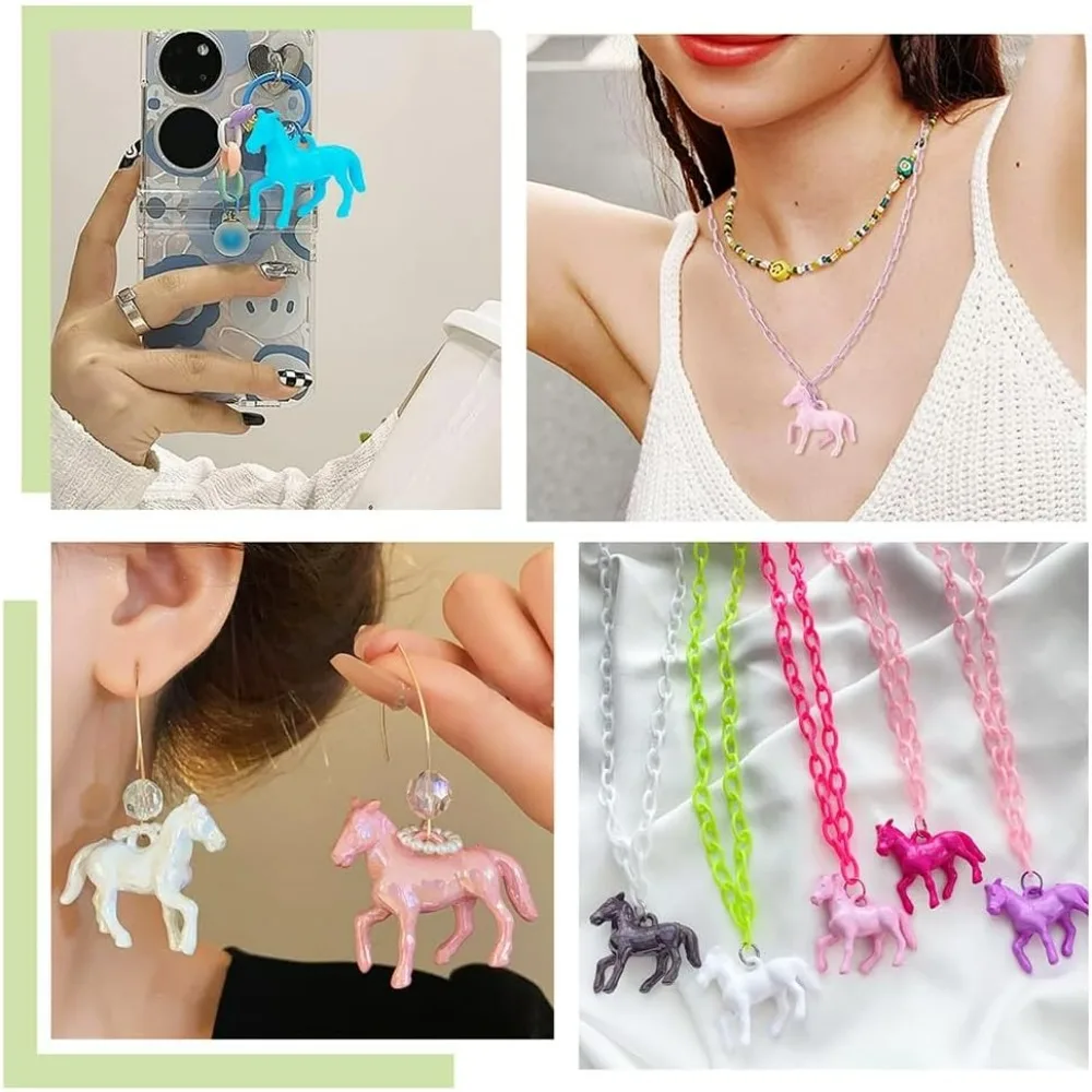 48pcs Opaque Acrylic Pendants 12 Colors Little Horse Animal Resin Charms Horsemanship Pendants Colorful Craft Beads making kit