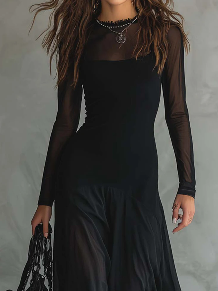 Black Sheer Mesh Maxi Dress for Women Spring Summer Gothic Style Long Sleeve A-Line Flowy Dress Evening Party Prom Dress Vestido