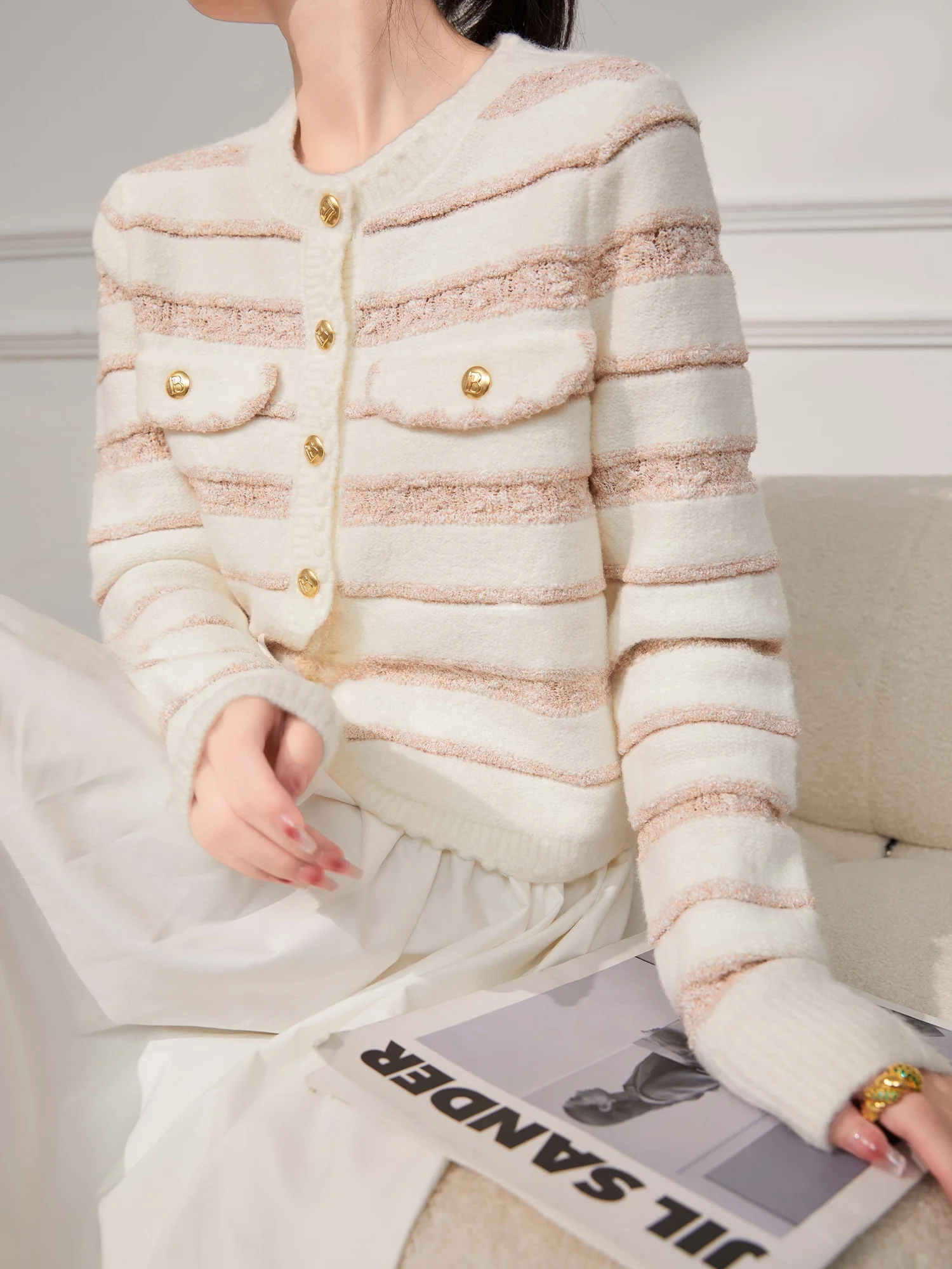 

Low round Ne Knitted Sweater Women's Stripe Sle Luxury Sensation Autumn Winter Open Cardigan Long Sve Slim Fit Commute...