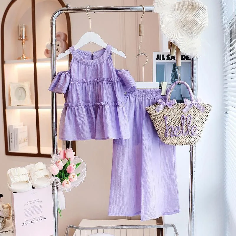 2026 summer girls Cloth Children set Teenager sleeveless off shoulder top t shirt vest chiffon + wide leg pants 4 8 10 12 year