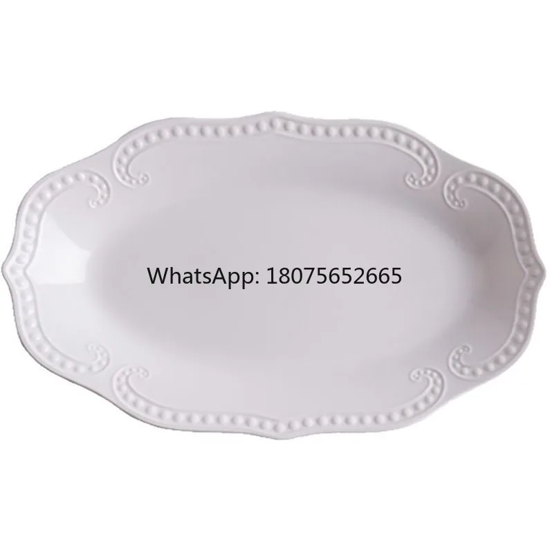 Embossed beaded edge ceramic dinnerware set - western food & dessert plates, ceramic oval fish plate