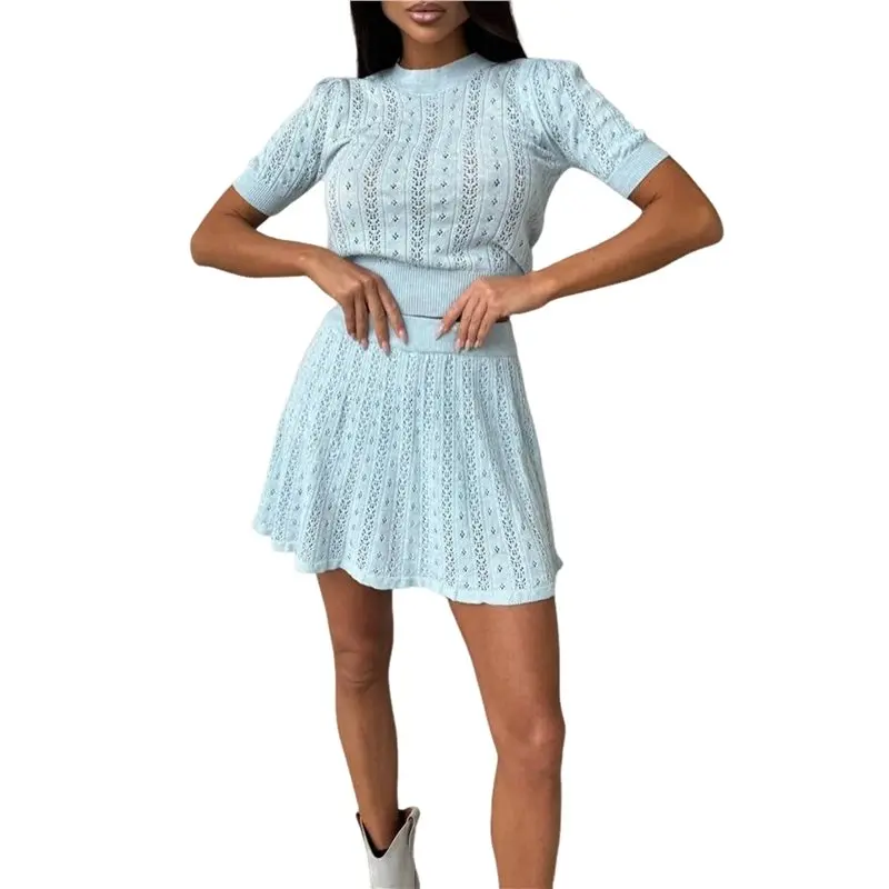 

Женский комплект CYL: летний комплект из 2 предметов, вязаный топ с коротким рукавом и юбка, комплект для отдыха